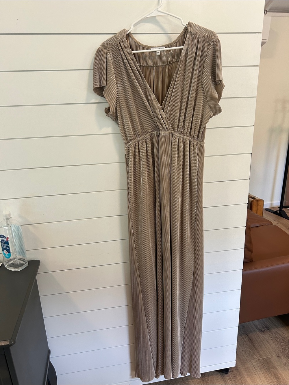 Baltic Born Taupe Pleated V-Neck Maxi Dress